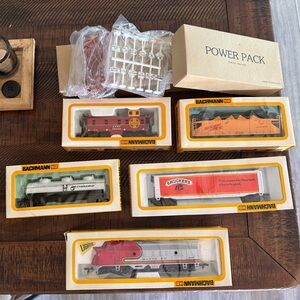 Scale Train Set Locomotives and Freight Cars - Red, Orange, White, Green